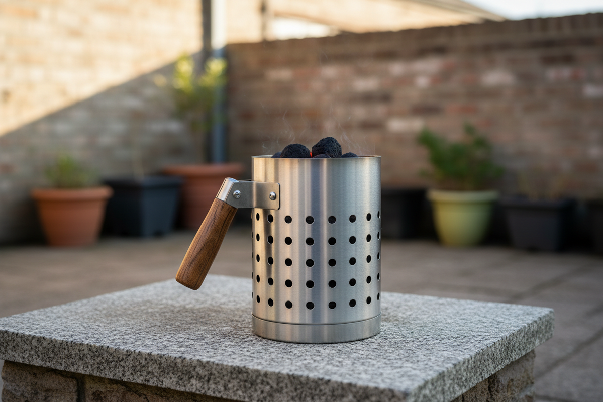 Metall-Anzündkamin mit Holzkohle auf einer nicht brennbaren Steinfläche