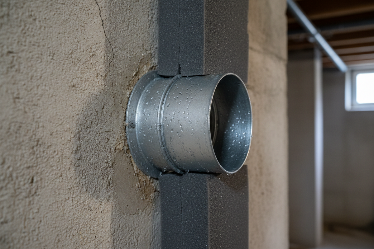 Kleine Kondenswassertropfen am metallischen Außenluftanschluss