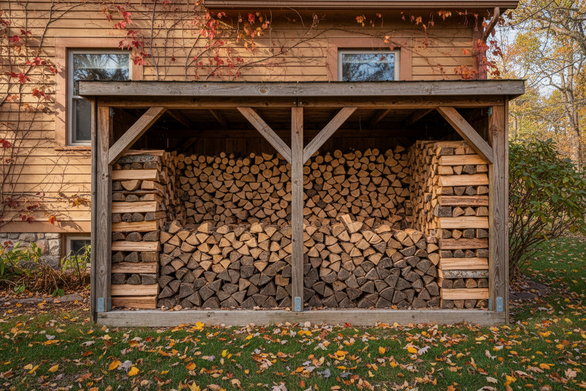 Gefüllter Brennholzunterstand neben einem Wohnhaus im Herbst