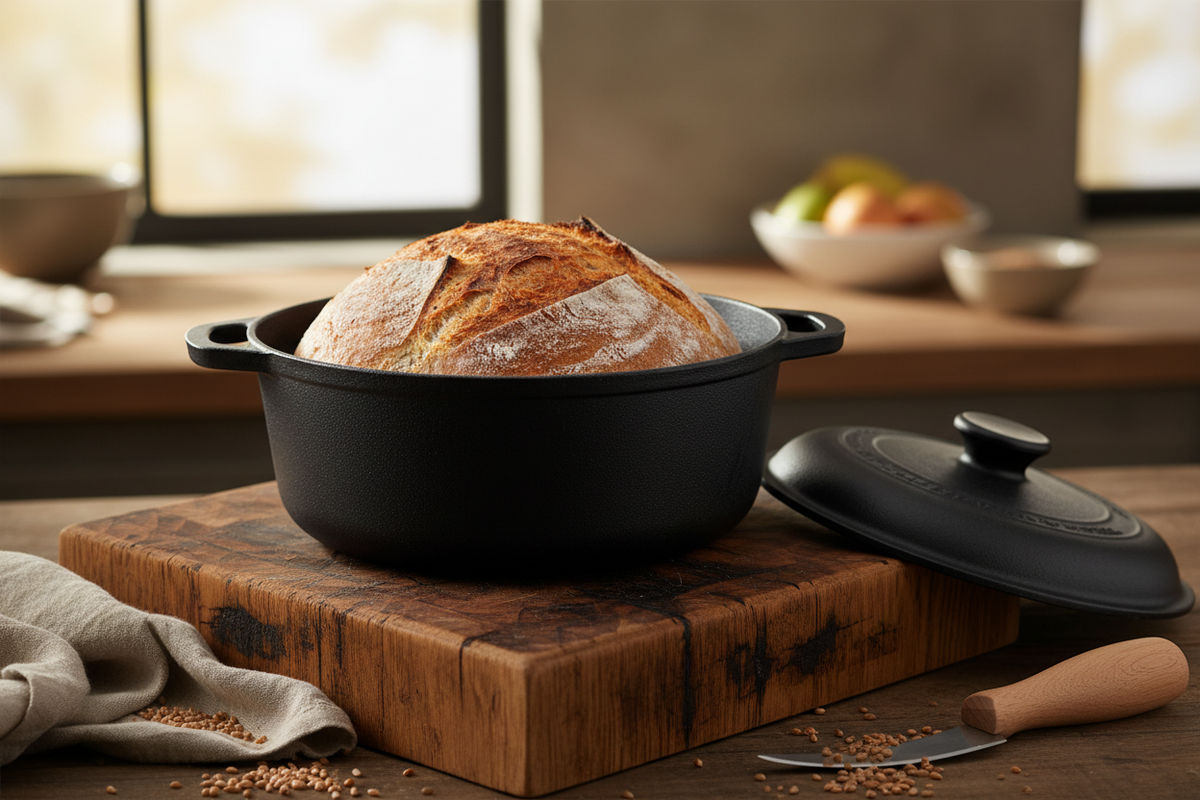 Frisches rundes Brot in einem gusseisernen Dutch Oven