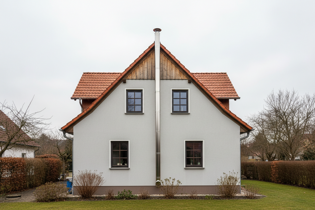 Edelstahlschornstein an einer Hausfassade mit Mündung oberhalb des Satteldachs