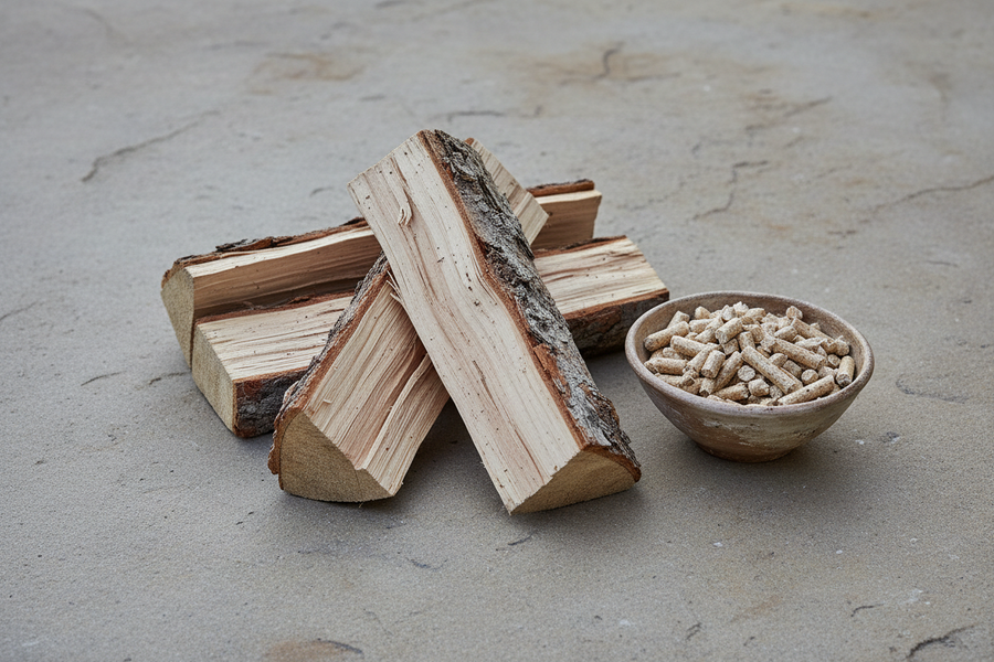 Gespaltene Holzscheite und eine Schale Holzpellets auf einer Steinfläche