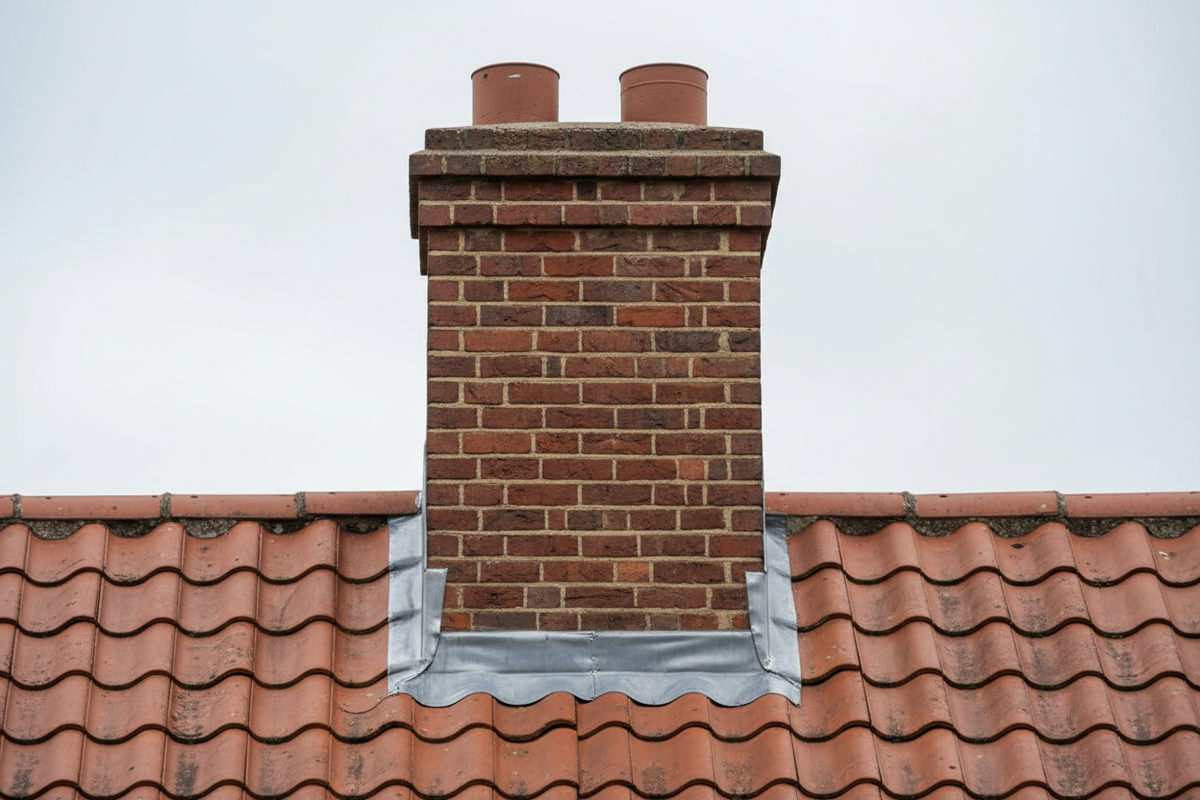 Gemauerter Schornsteinkopf mit sichtbaren Fugen und Dachanschluss