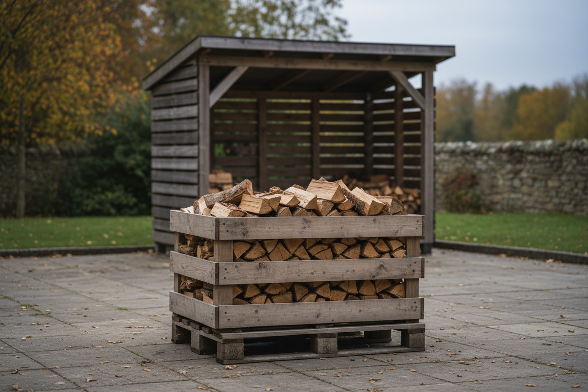 Angeliefertes gespaltenes Brennholz in einer Kiste auf einer Palette