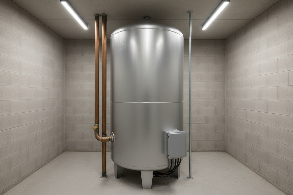 Isolierter Pufferspeicher mit geschlossenem seitlichem Anschlussgehäuse