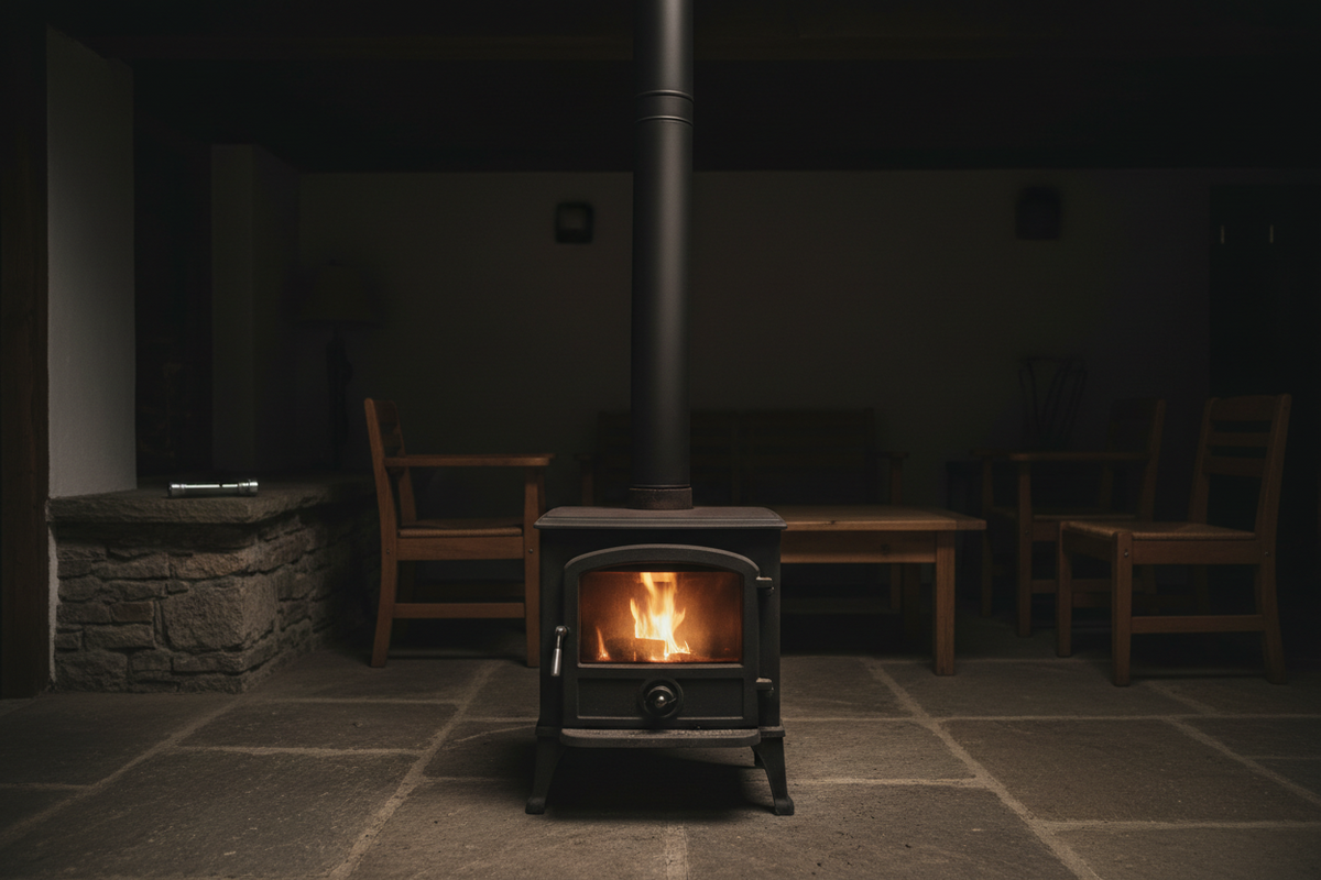 Holz-Kaminofen mit kleiner Flamme und bereitgelegter Taschenlampe im abendlichen Raum