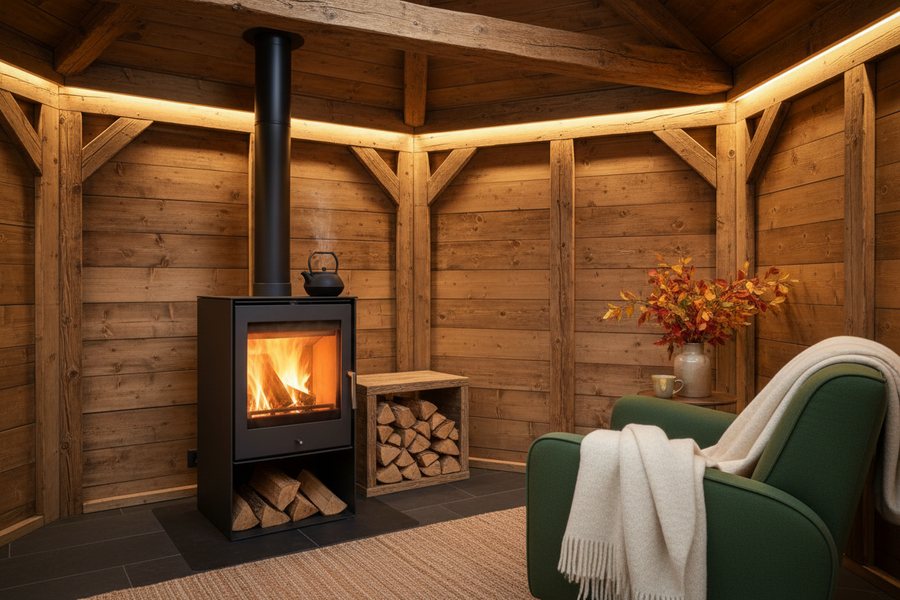 Kaminofen in einem Gartenhaus mit Holzwänden und sichtbarem Rauchrohr