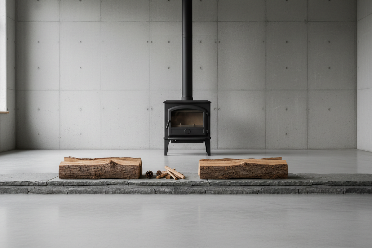 Kaminofen mit bereitgelegten Holzscheiten und Anzündholz als Schulungsmotiv