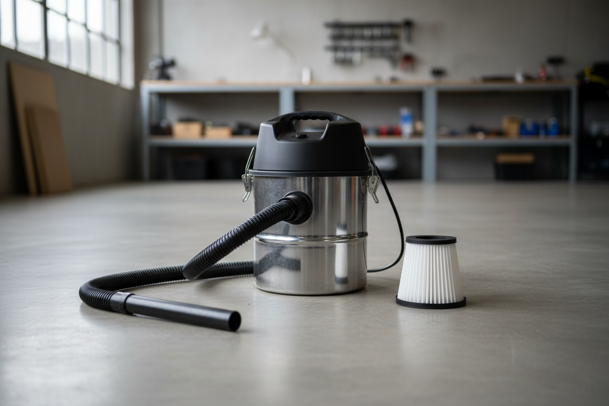 Aschesauger mit Metallbehälter, Saugschlauch und separatem Faltenfilter
