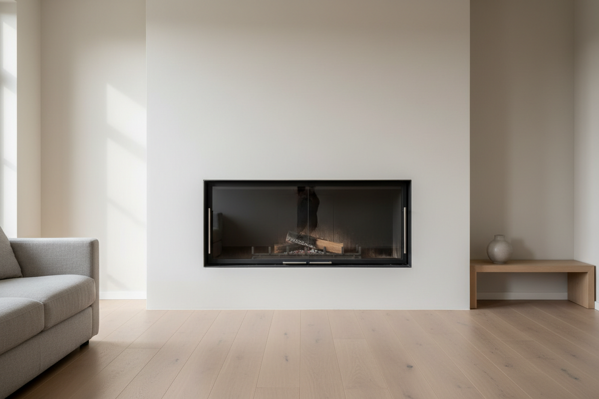Moderner Heizkamin mit großer Glasscheibe und vertikaler Türführung