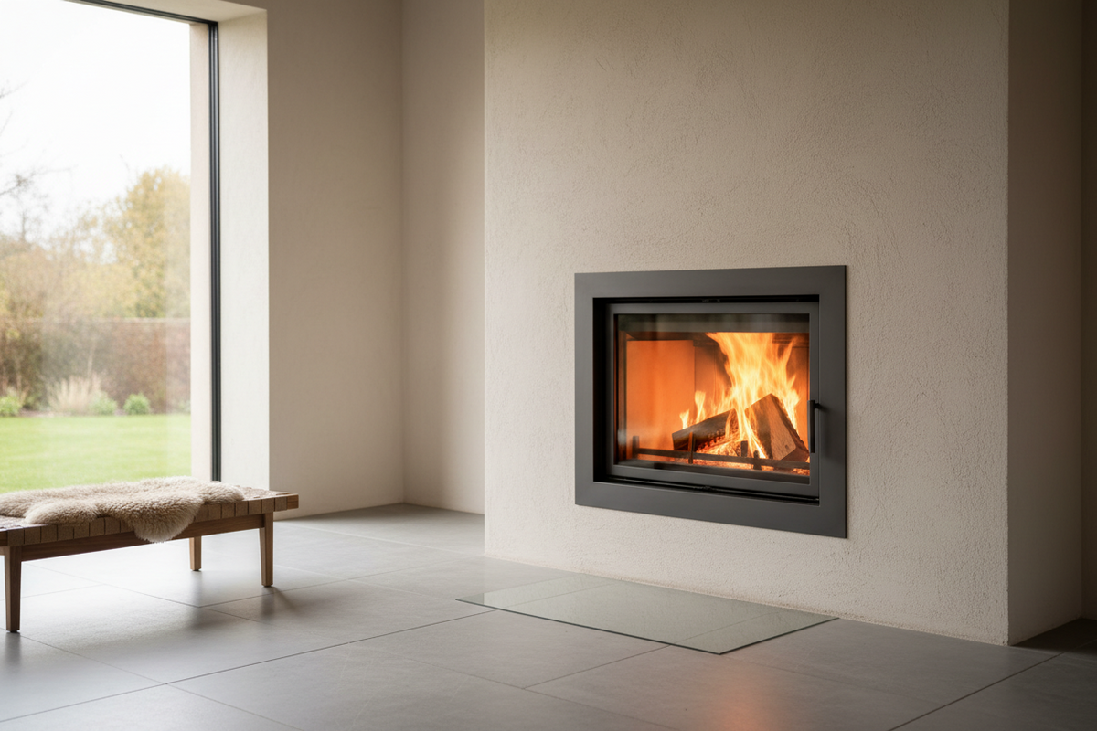 Moderner Kamin mit geschlossenem Feuerraum in einem hellen Wohnraum