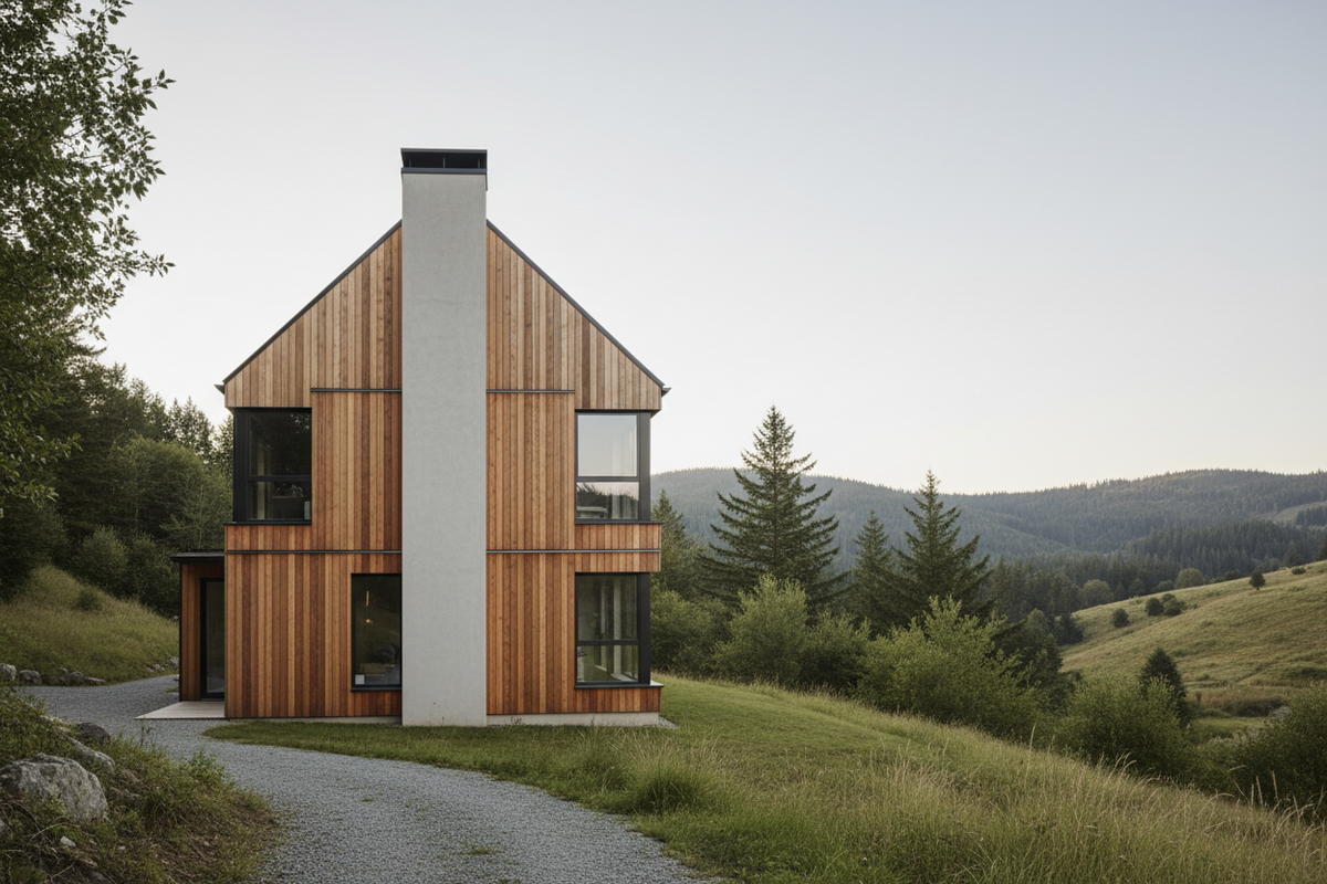 Modernes Holzhaus mit verputztem Schornstein über dem Satteldach