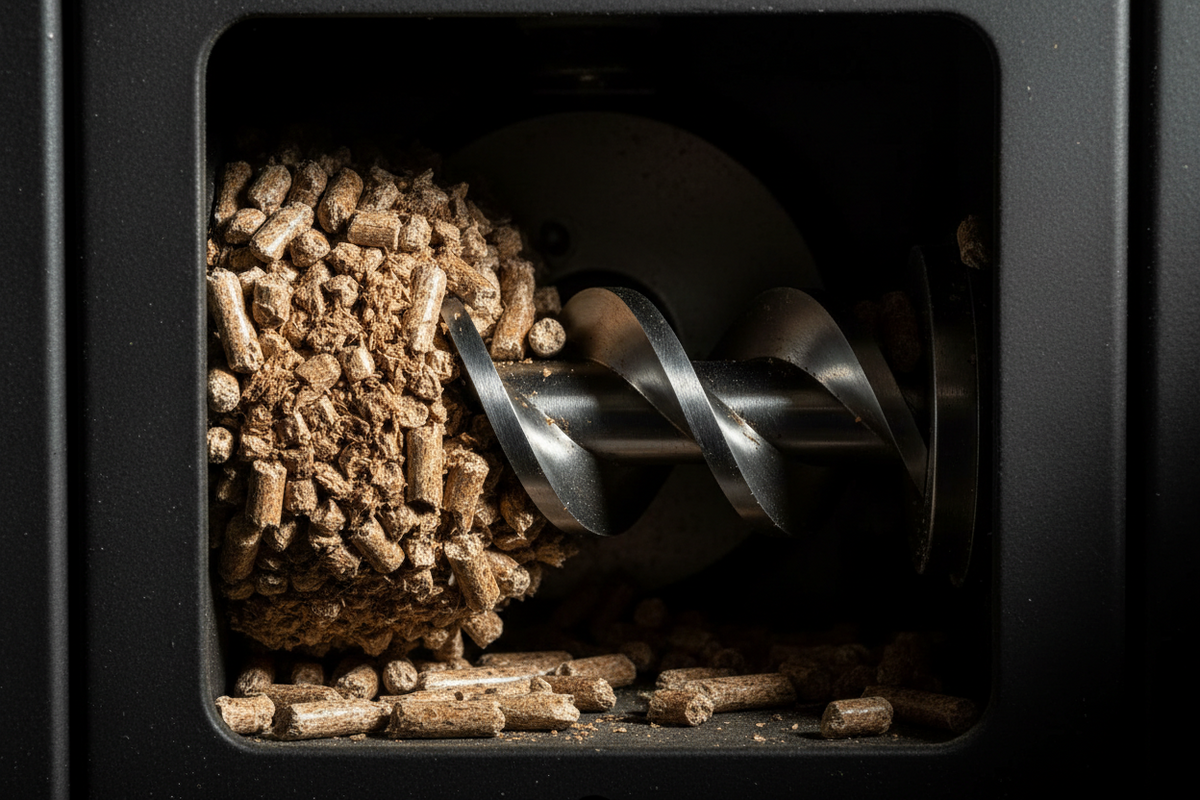 Nahaufnahme einer Förderschnecke und von Holzpellets im Pelletbehälter