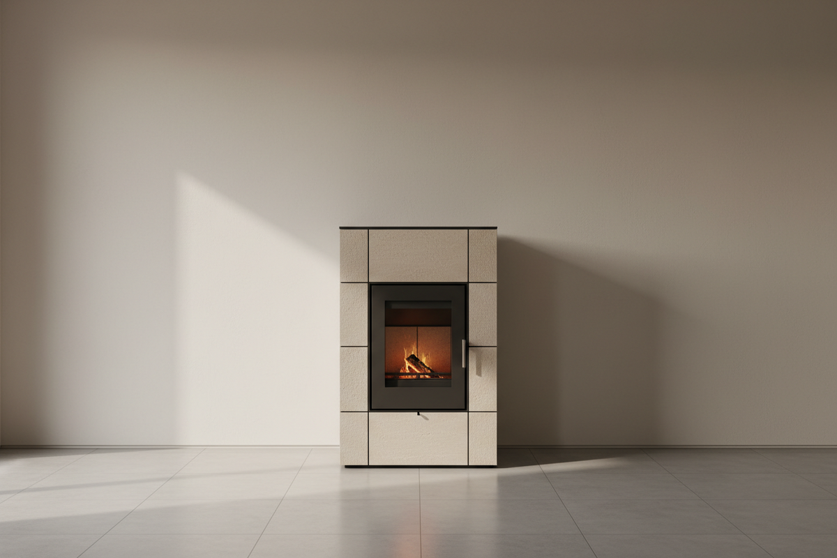 Schlicht gestalteter Kaminofen mit heller Verkleidung und geschlossener Glasscheibe