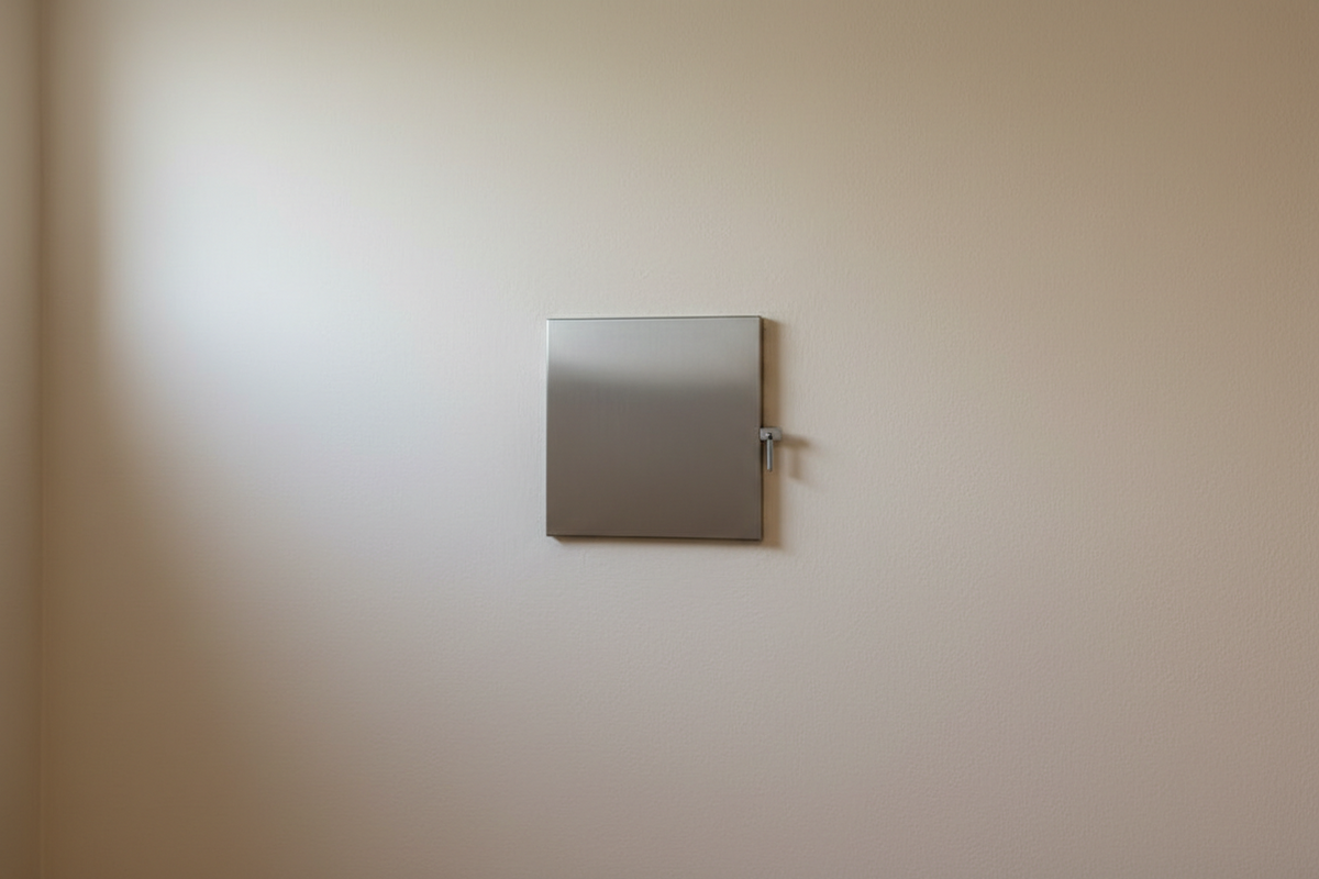 Geschlossene Schornstein-Revisionsklappe in einer verputzten Kellerwand