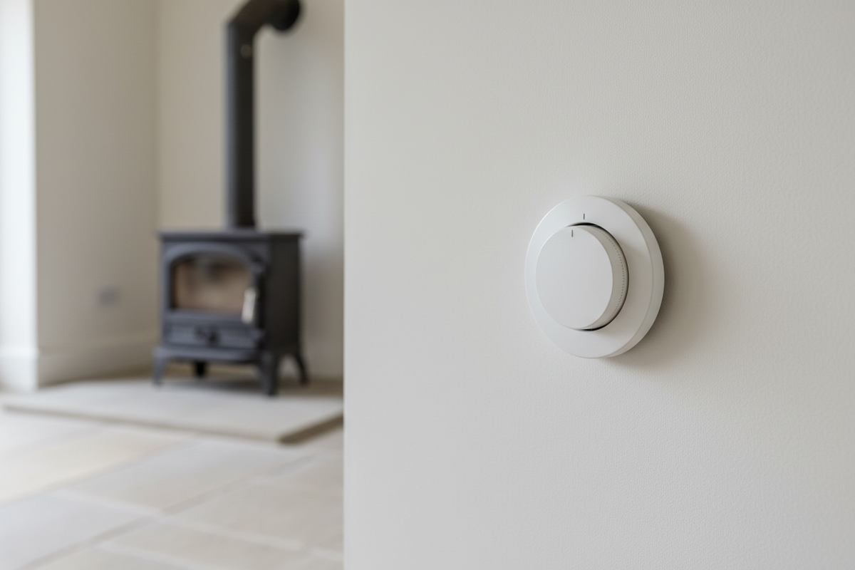 Raumthermostat an einer Wand mit einem Kaminofen im Hintergrund