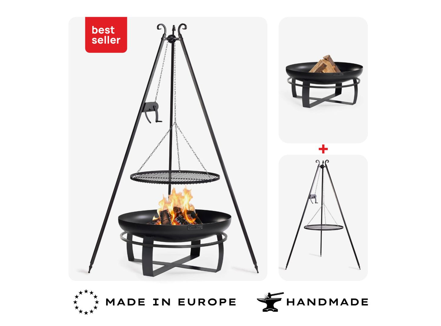 „Viking Grill-Set Lieferumfang: 80cm Feuerschale und 180cm Schwenkgrill mit Kurbel, handgefertigt in Europa.“