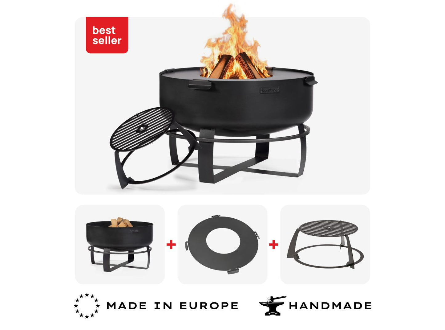 Produktset-Übersicht der Viking XXL Feuerschale mit Grillplatte und Grillrost-Aufsatz inklusive „Made in Europe“ und „Handmade“ Siegel.