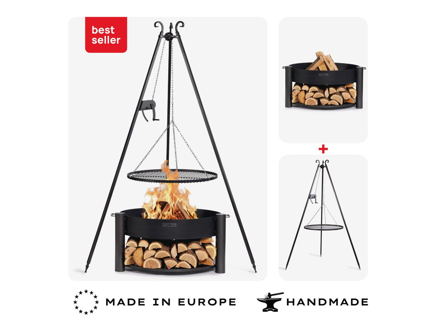 Feuerschale MONTANA 80 cm mit Schwenkgrill 180 cm und Grillrost 70 cm als Set, Naturstahl Feuerstelle mit Dreibein Grill, Holzablage und Kurbelmechanismus Made in Europe