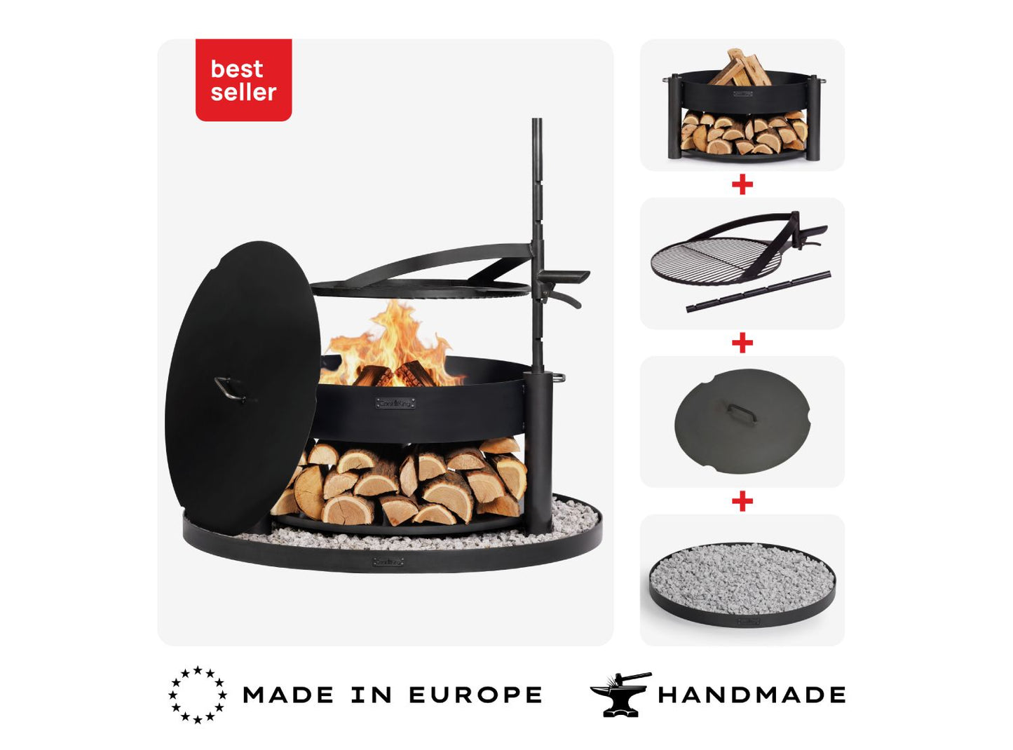 Multifunktionale Feuerschale MONTANA X 80 cm + Grillrost + Deckel + Feuerschalenbasis rund_3