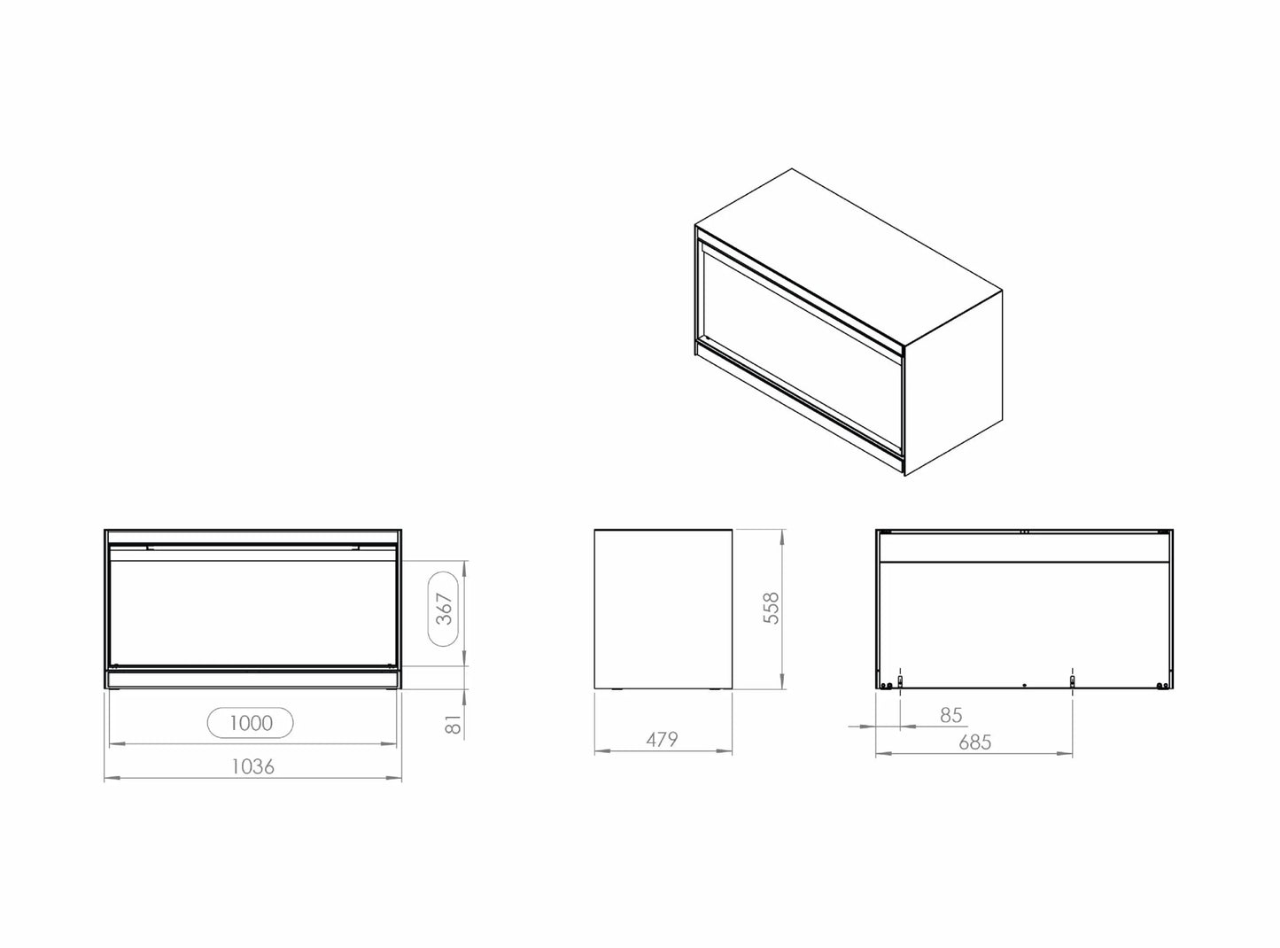 Elektrokamin Kalfire E-one 100F FR Technische Zeichnung - ofenerlebnis.de
