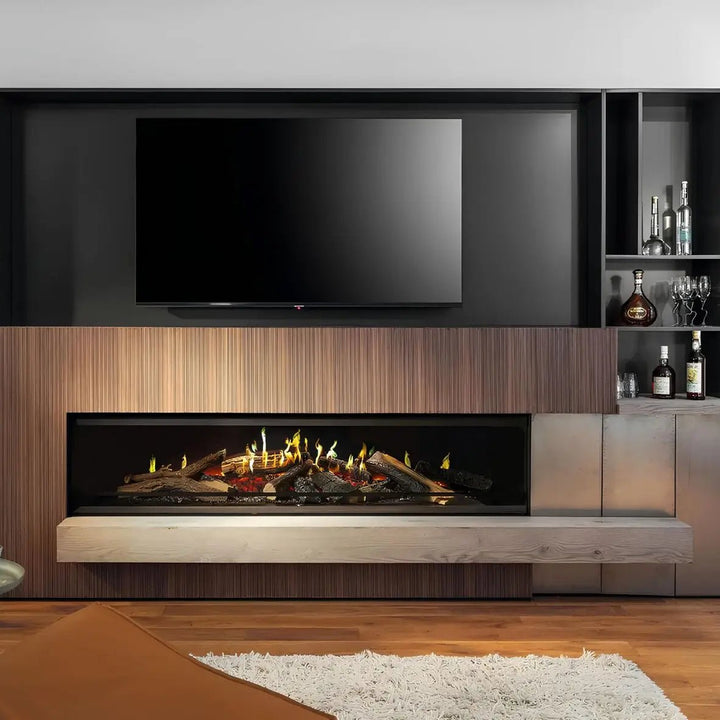Elektrokamin Kalfire E-one 190F – Breiter Elektrokamin in einer Wohnwand unter einem Fernseher