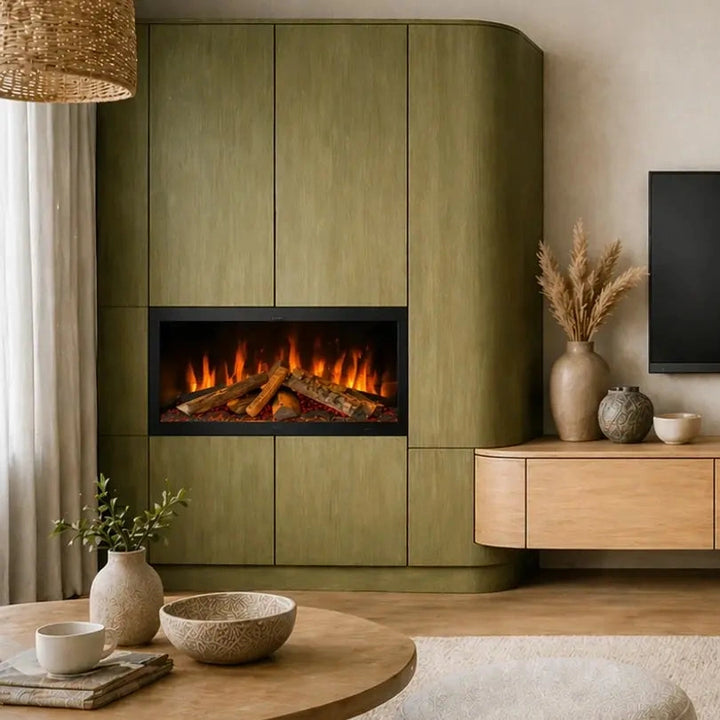 Elektrokamin Kalfire E75/37 – im Wohnraum mit Holzverkleidung und eingebautem Feuerfenster