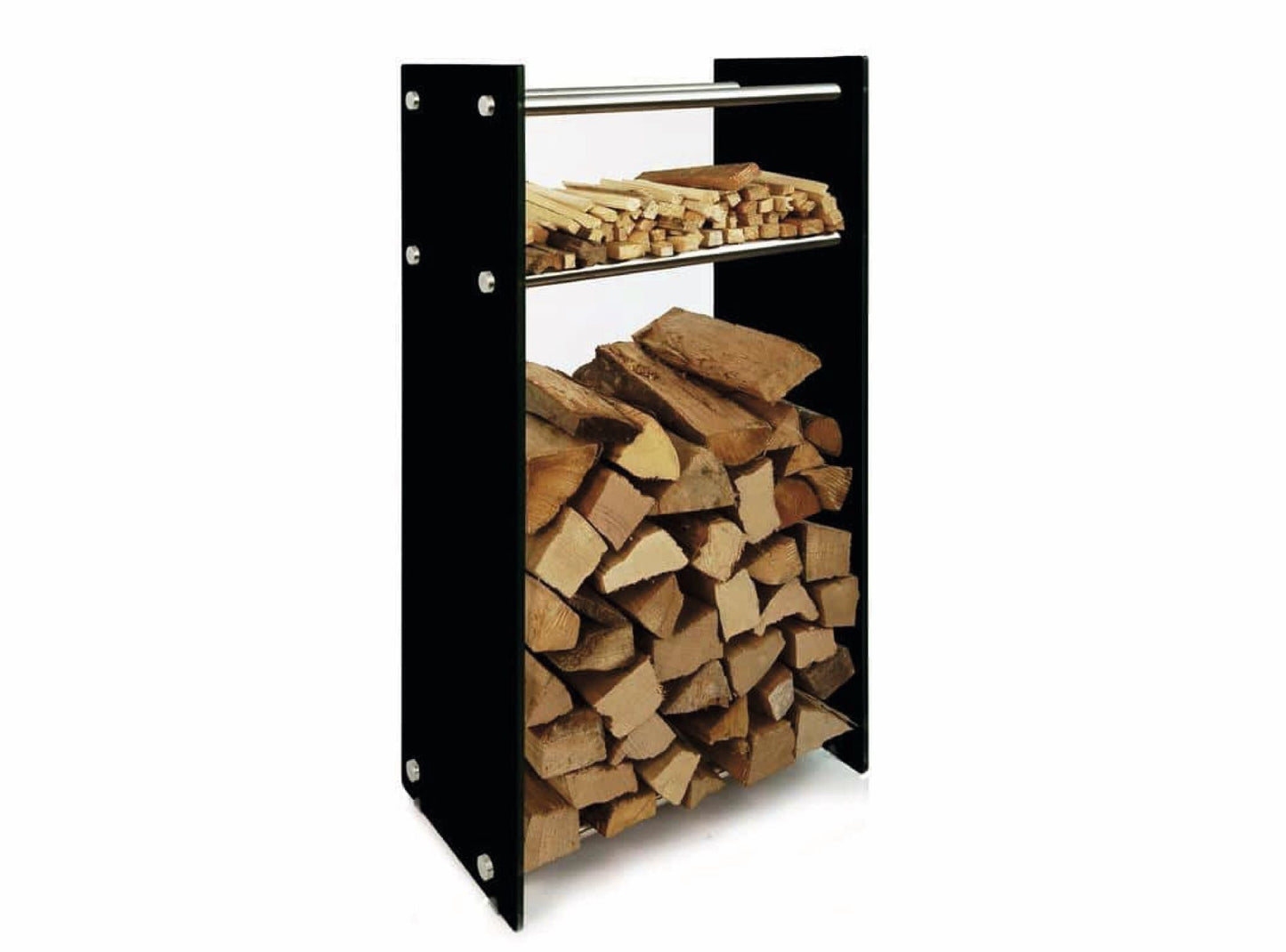 Holzregal in Schwarz, ESG, 12mm, Holzaufbewahrung - Ofenerlebnis.de Holzregal in Schwarz, ESG, 12mm, Holzaufbewahrung - Ofenerlebnis.de