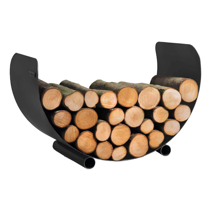 CookKing Kaminholzregal Turyn – Halbrundes Kaminholzregal mit Holzfüllung in schräger Ansicht