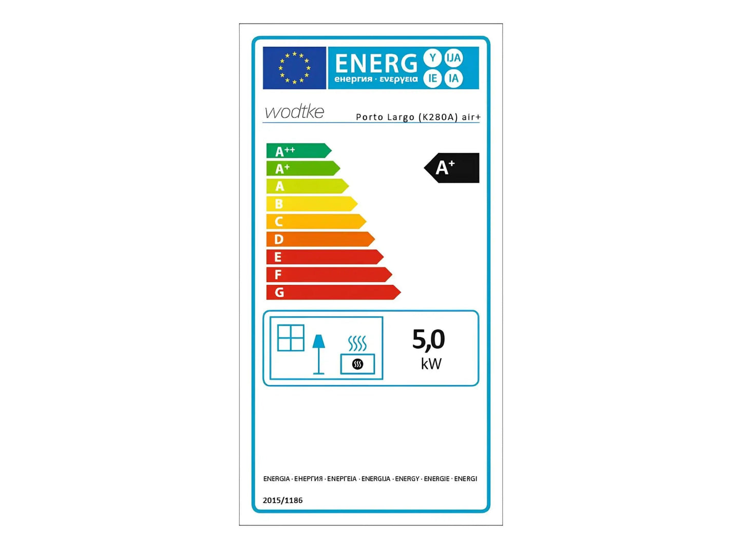 Kaminofen Wodtke Porto Largo raumluftunabhängig Energielabel, Ecolabel - ofenerlebnis.de