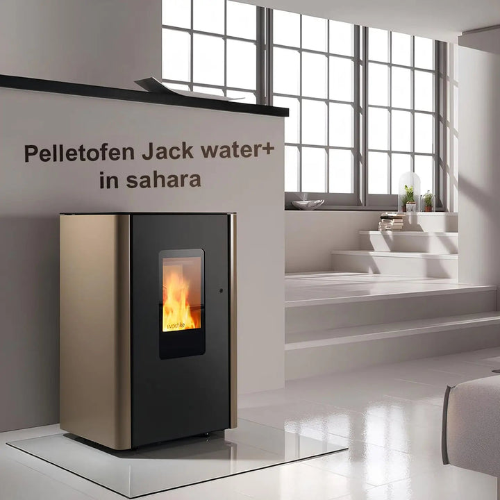 Pelletofen Wodtke Jack water+ | 8/10 kW | wasserführend – Pelletofen mit sandfarbenen Seiten vor einer Treppe im Wohnraum