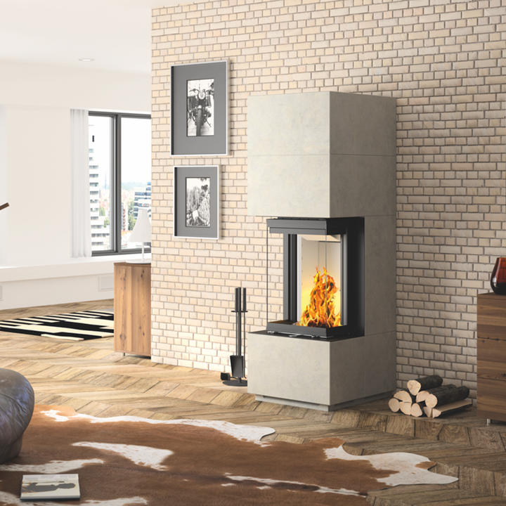Systemkamin CERA DESIGN LINEA KL1 Beton | 6 kW – Brennender Systemkamin im Wohnraum
