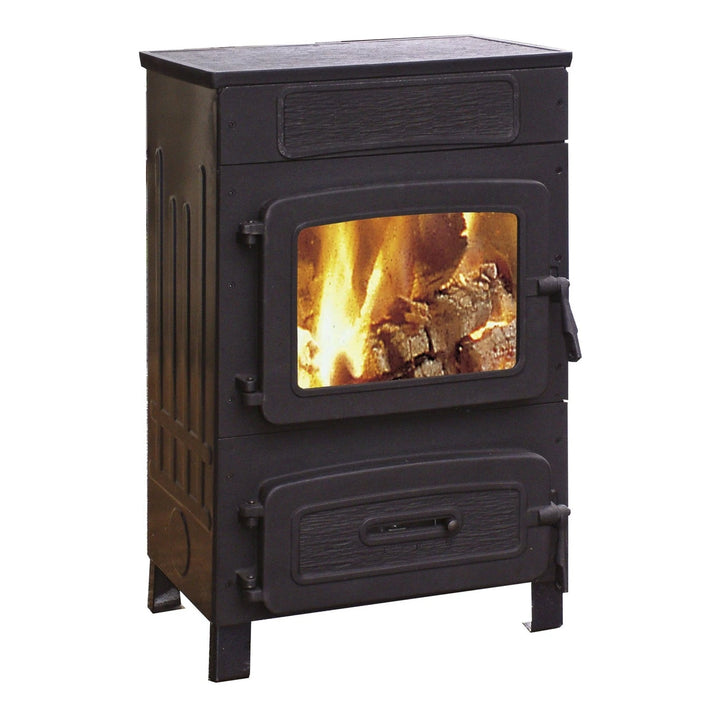 Werkstattofen Wamsler WO 109-6 F | 6 kW – Schrägansicht mit Sichtscheibe und Flamme