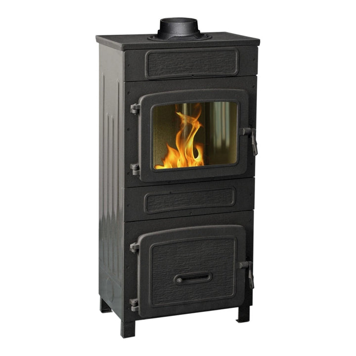 Werkstattofen Wamsler WO 109-8 F mit Obenanschluss | 8 kW – Schrägansicht mit Sichtscheibe und oberem Rauchrohranschluss