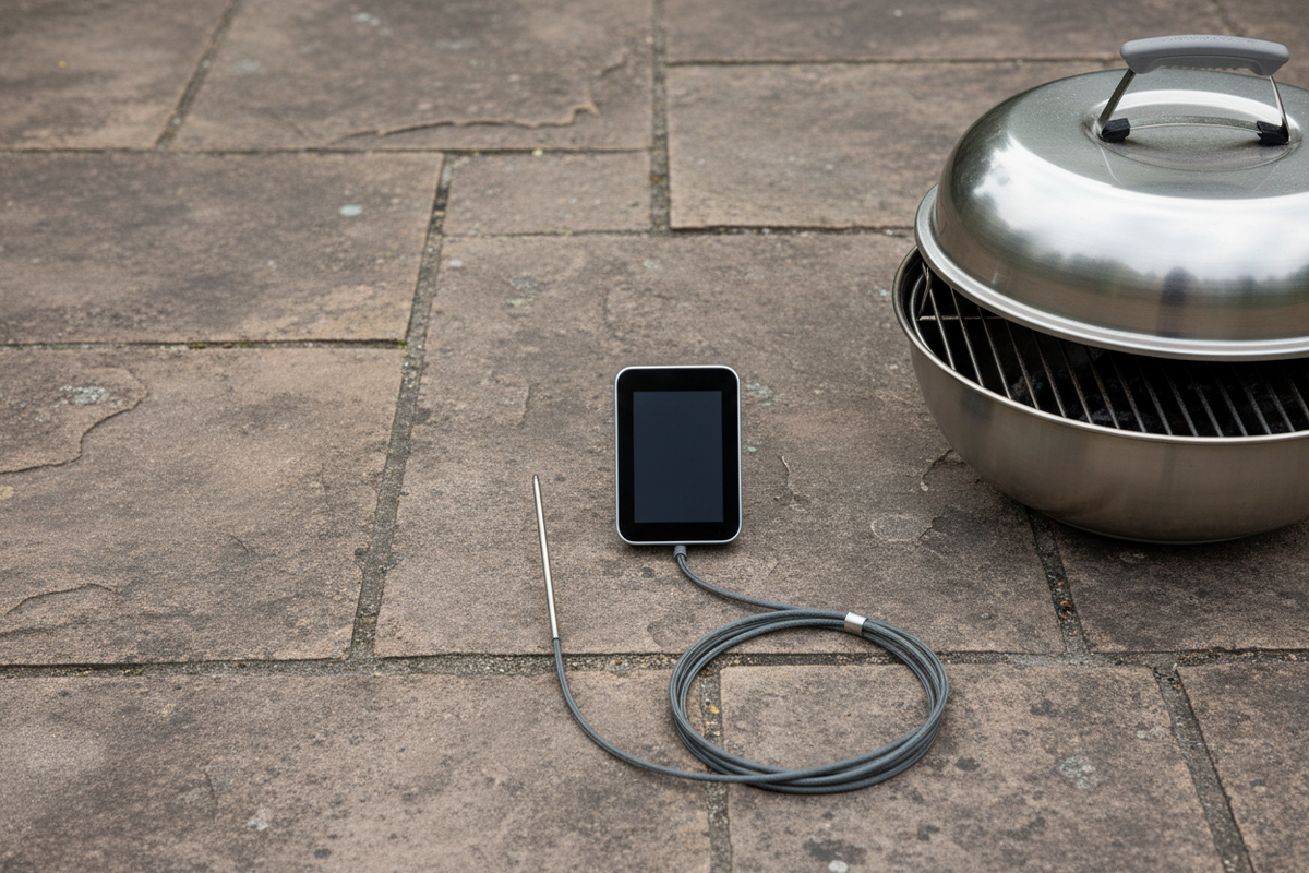 Grillthermometer mit Metallfühler und Kabel auf einer Steinablage