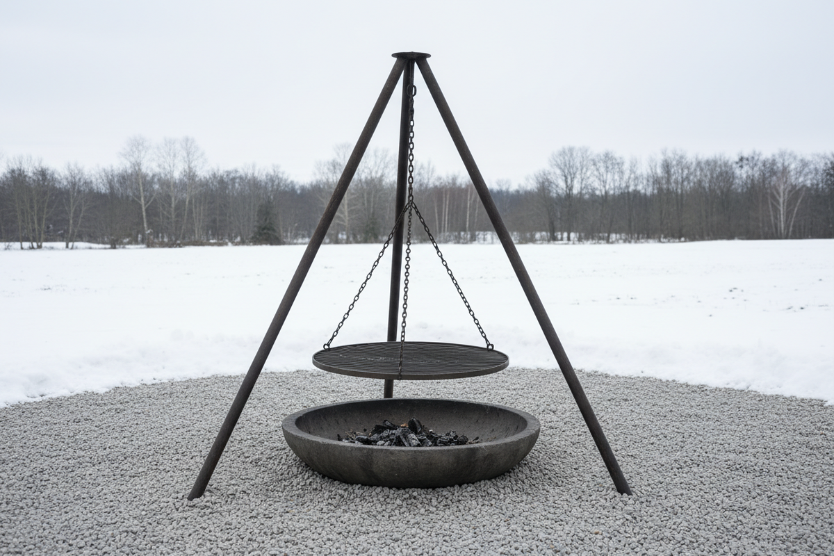 Schwenkgrill auf geräumter ebener Standfläche im winterlichen Garten