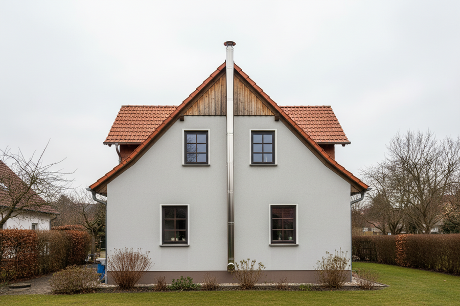 Edelstahlschornstein an einer Hausfassade mit Mündung oberhalb des Satteldachs