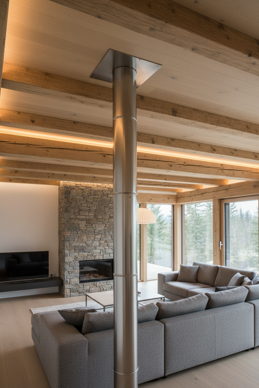 Edelstahl-Abgasleitung durch die Decke eines Wohnraums mit sichtbaren Holzbalken