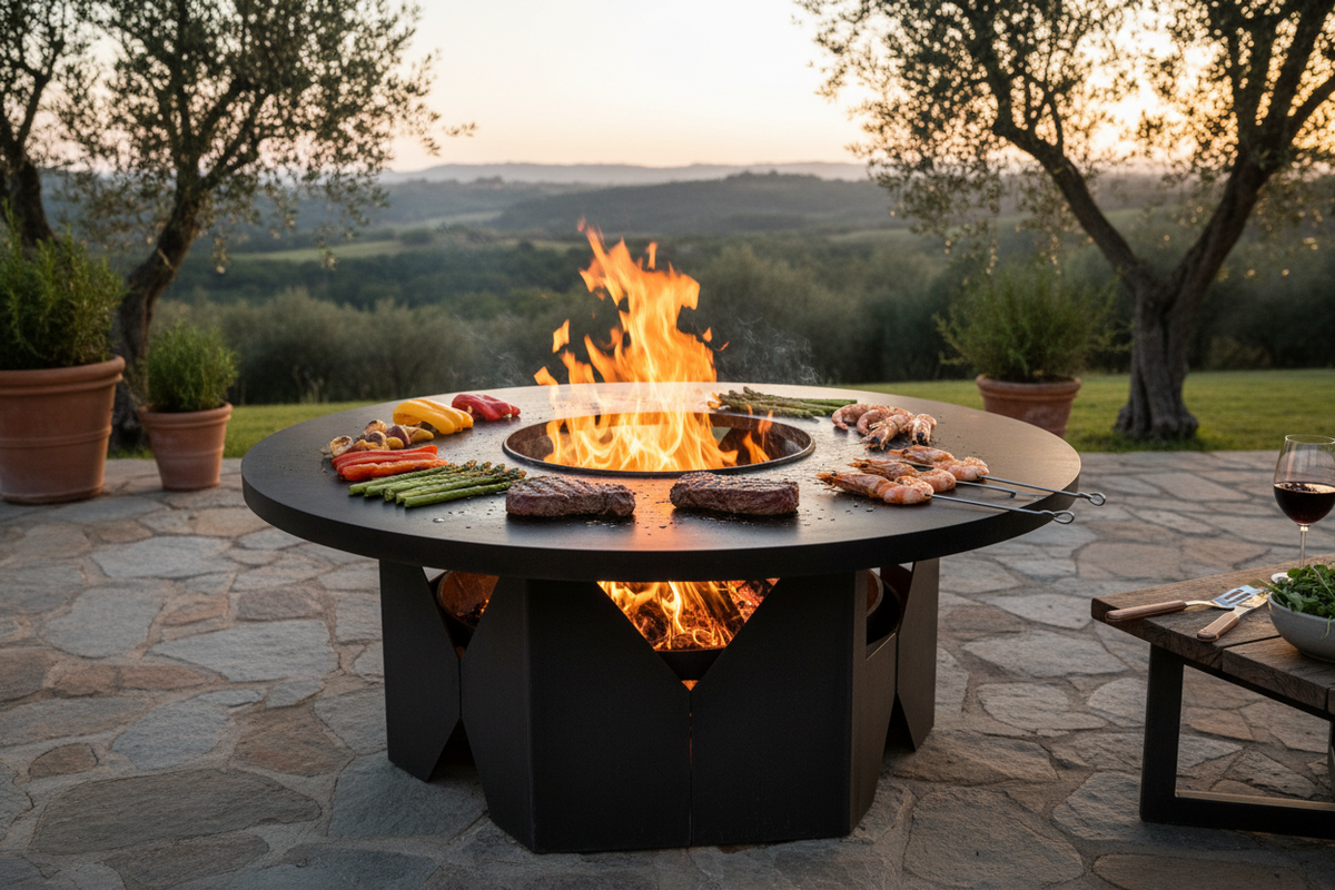 Runde Feuerplatte mit Grillgut um ein offenes Feuer auf einer Terrasse