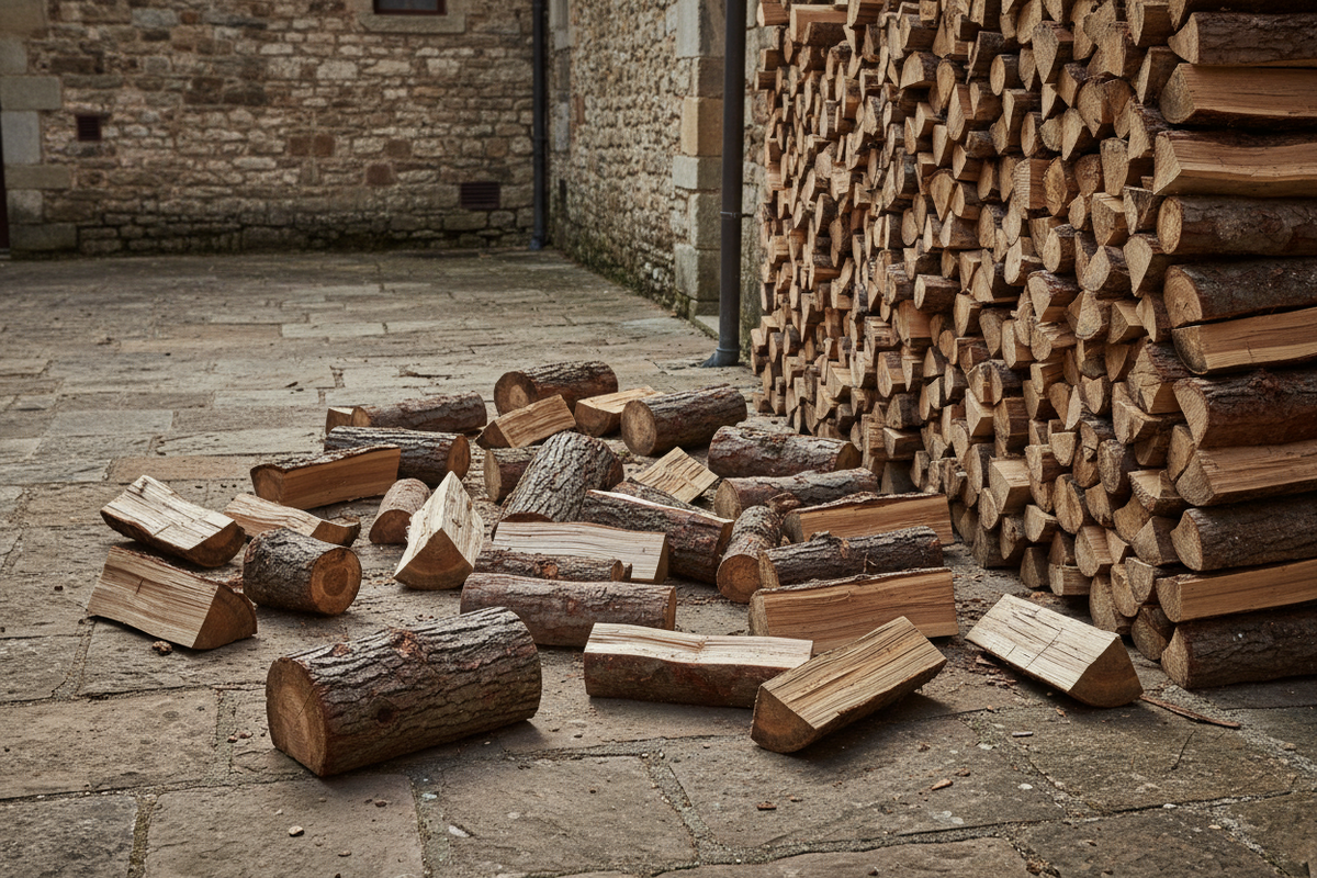 Lose Brennholzscheite neben einem geordneten Holzstapel auf einem Hof