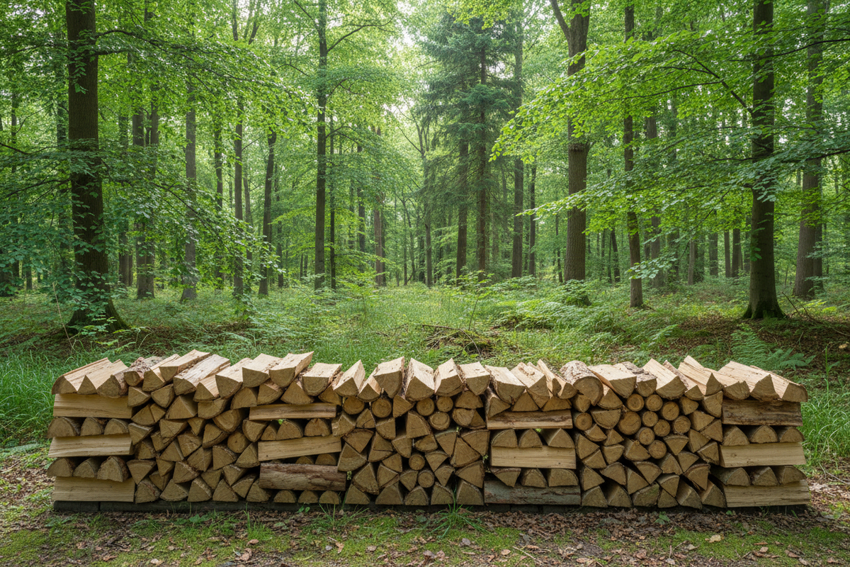 Gespaltenes Brennholz vor einem grünen Wald