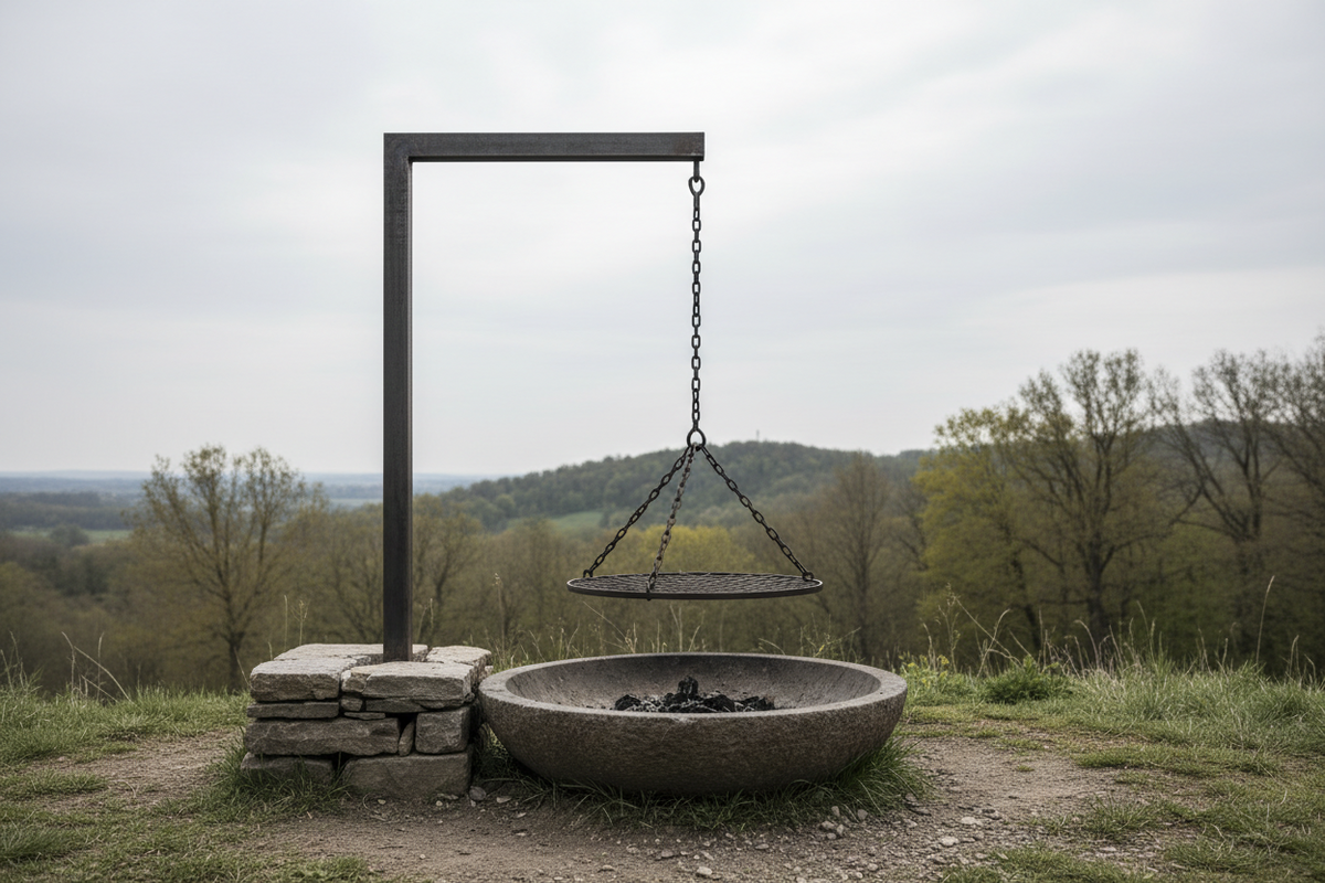 Grillgalgen mit aufgehängtem Rost über einer kalten Feuerschale
