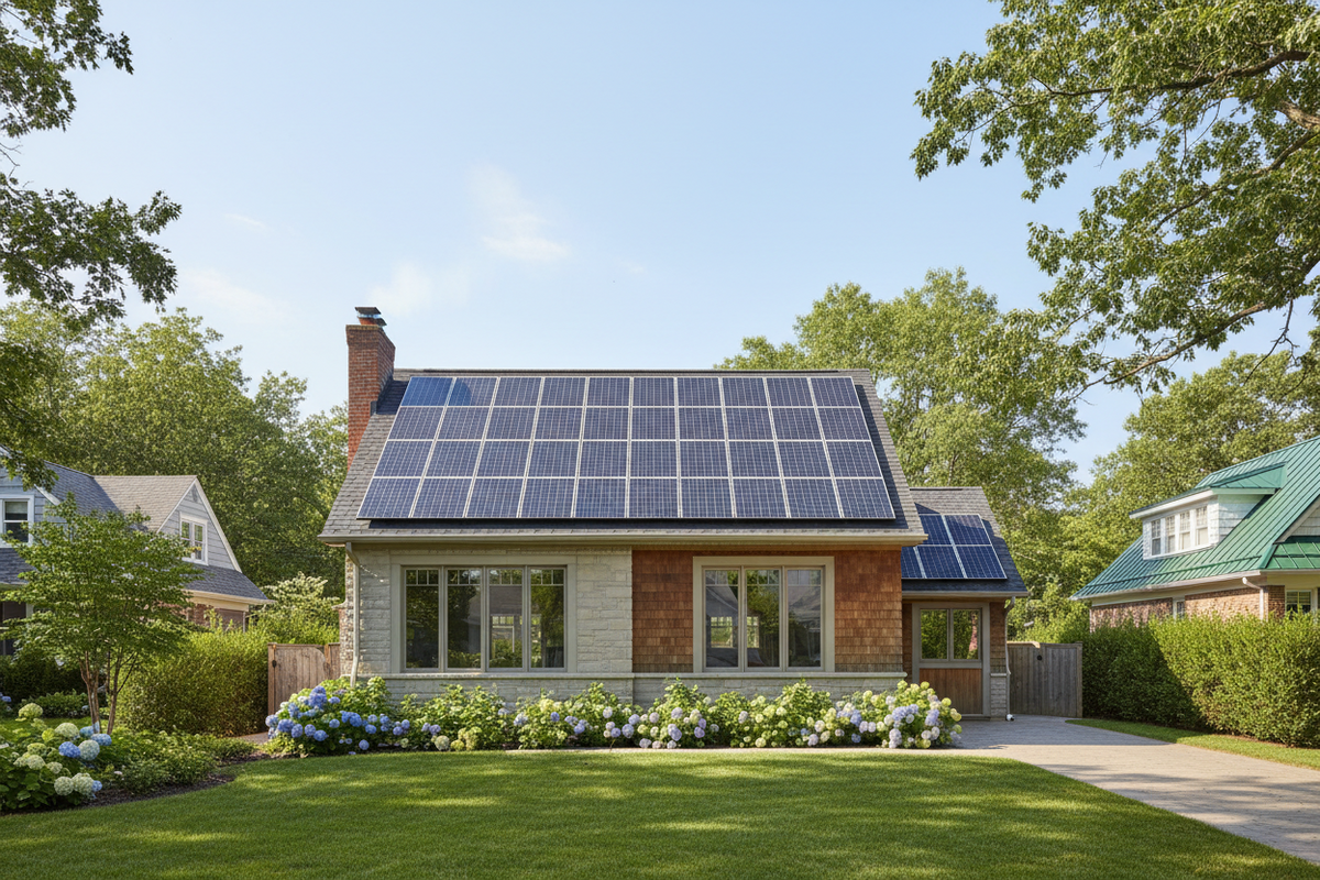 Wohnhaus mit Photovoltaikanlage und Schornstein auf dem Dach
