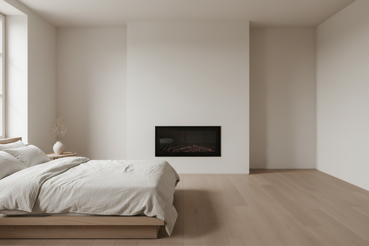 Ausgeschalteter Elektrokamin mit Abstand zum Bett in einem hellen Schlafzimmer