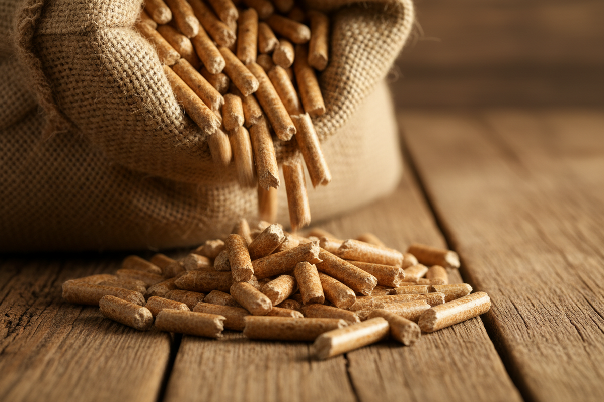 Holzpellets aus einem geöffneten Sack auf einer Holzfläche