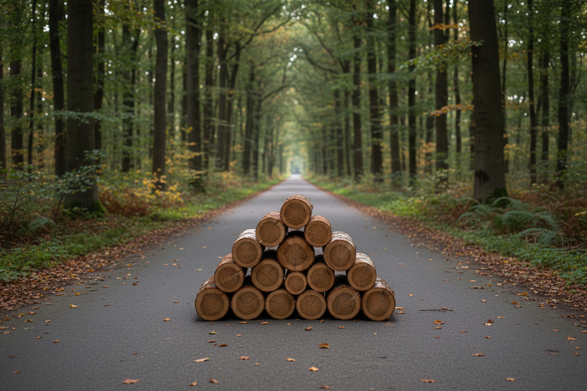 Gestapelte gesägte Holzstämme auf einem befestigten Waldweg