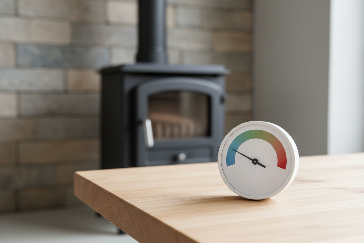 Kleines analoges Hygrometer auf einem Tisch mit unscharfem Kaminofen im Hintergrund