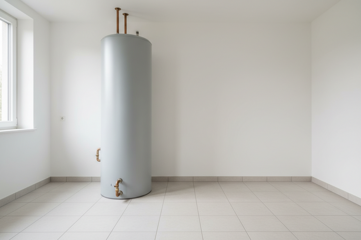 Geschlossener zylindrischer Pufferspeicher in einem hellen aufgeräumten Technikraum