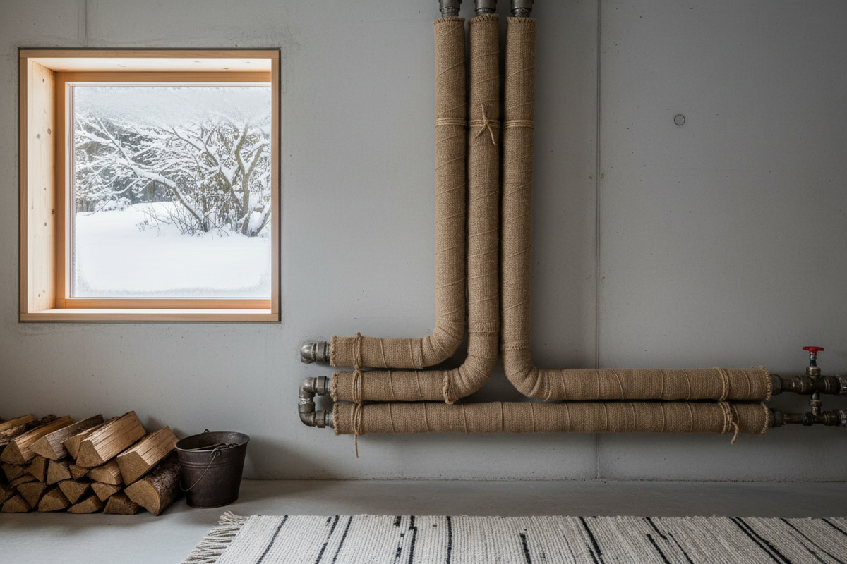 Gedämmte Heizungsrohre in einem Ferienhaus-Technikraum im Winter
