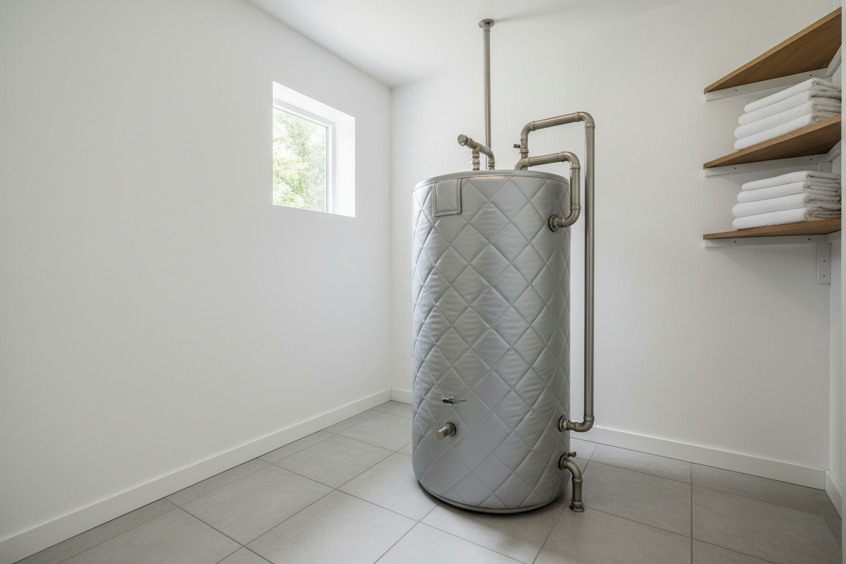 Gedämmter Warmwasserspeicher mit Rohranschlüssen im hellen Technikraum